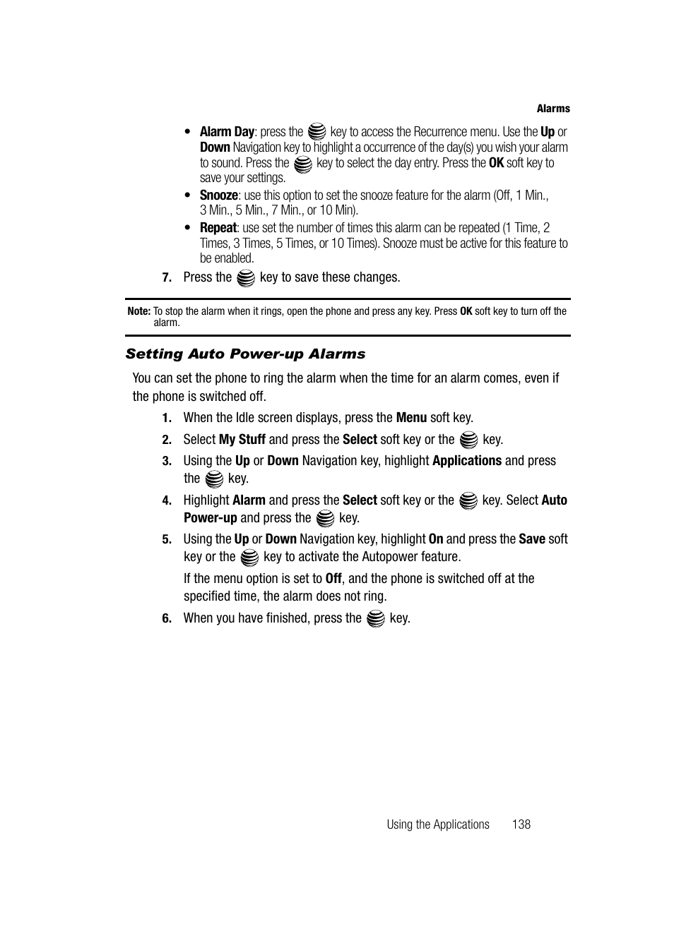 Setting auto power-up alarms | Samsung SGH-A747BBAATT User Manual | Page 141 / 194