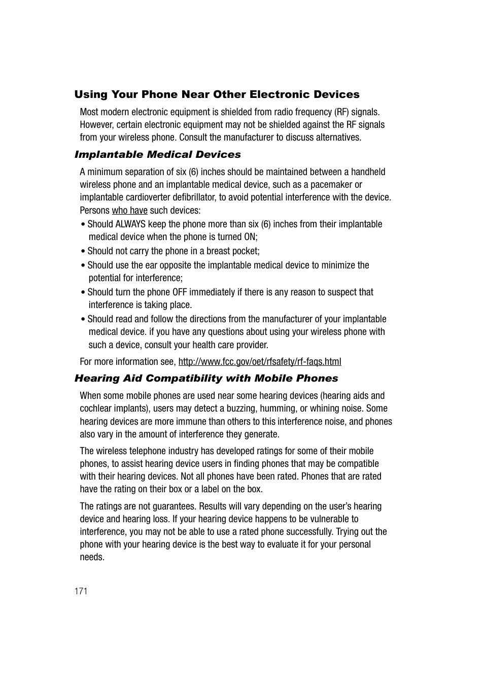 Using your phone near other electronic devices, Implantable medical devices, Hearing aid compatibility with mobile phones | Samsung SGH-A747BBAATT User Manual | Page 174 / 194