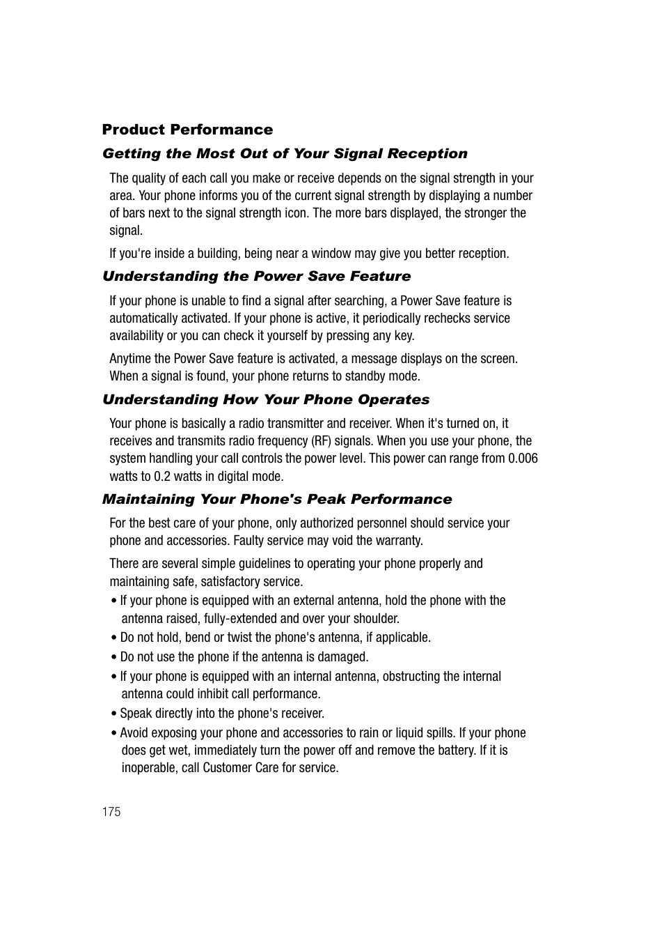 Product performance, Getting the most out of your signal reception, Understanding the power save feature | Understanding how your phone operates, Maintaining your phone's peak performance | Samsung SGH-A747BBAATT User Manual | Page 178 / 194