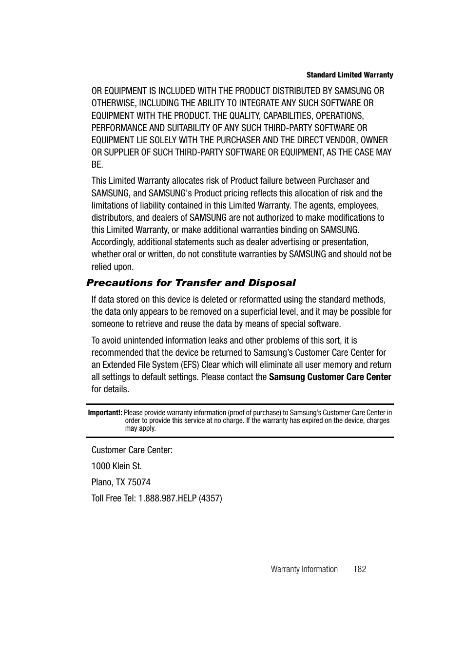 Precautions for transfer and disposal | Samsung SGH-A747BBAATT User Manual | Page 185 / 194