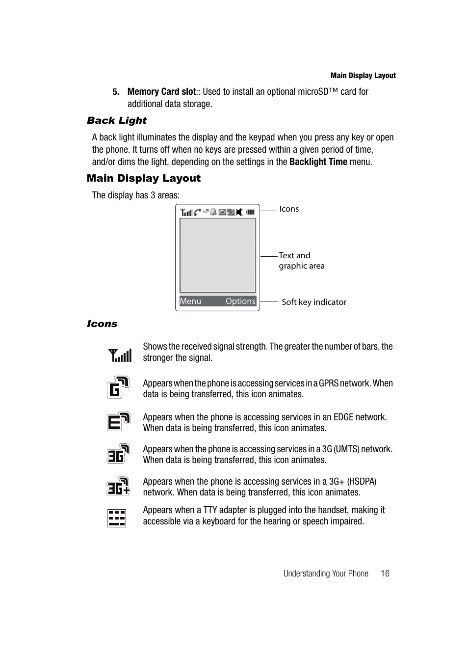 Back light, Main display layout, Icons | Samsung SGH-A747BBAATT User Manual | Page 19 / 194