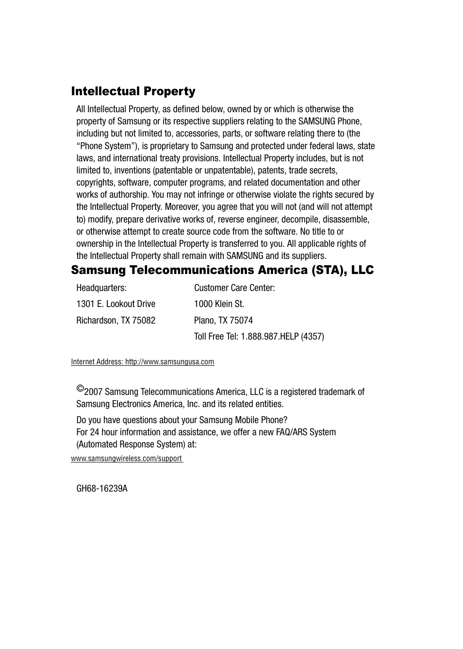 Intellectual property, Samsung telecommunications america (sta), llc | Samsung SGH-A747BBAATT User Manual | Page 2 / 194