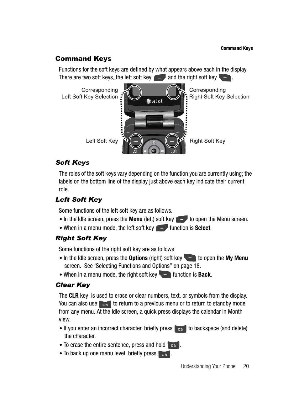 Command keys, Soft keys, Left soft key | Right soft key, Clear key | Samsung SGH-A747BBAATT User Manual | Page 23 / 194