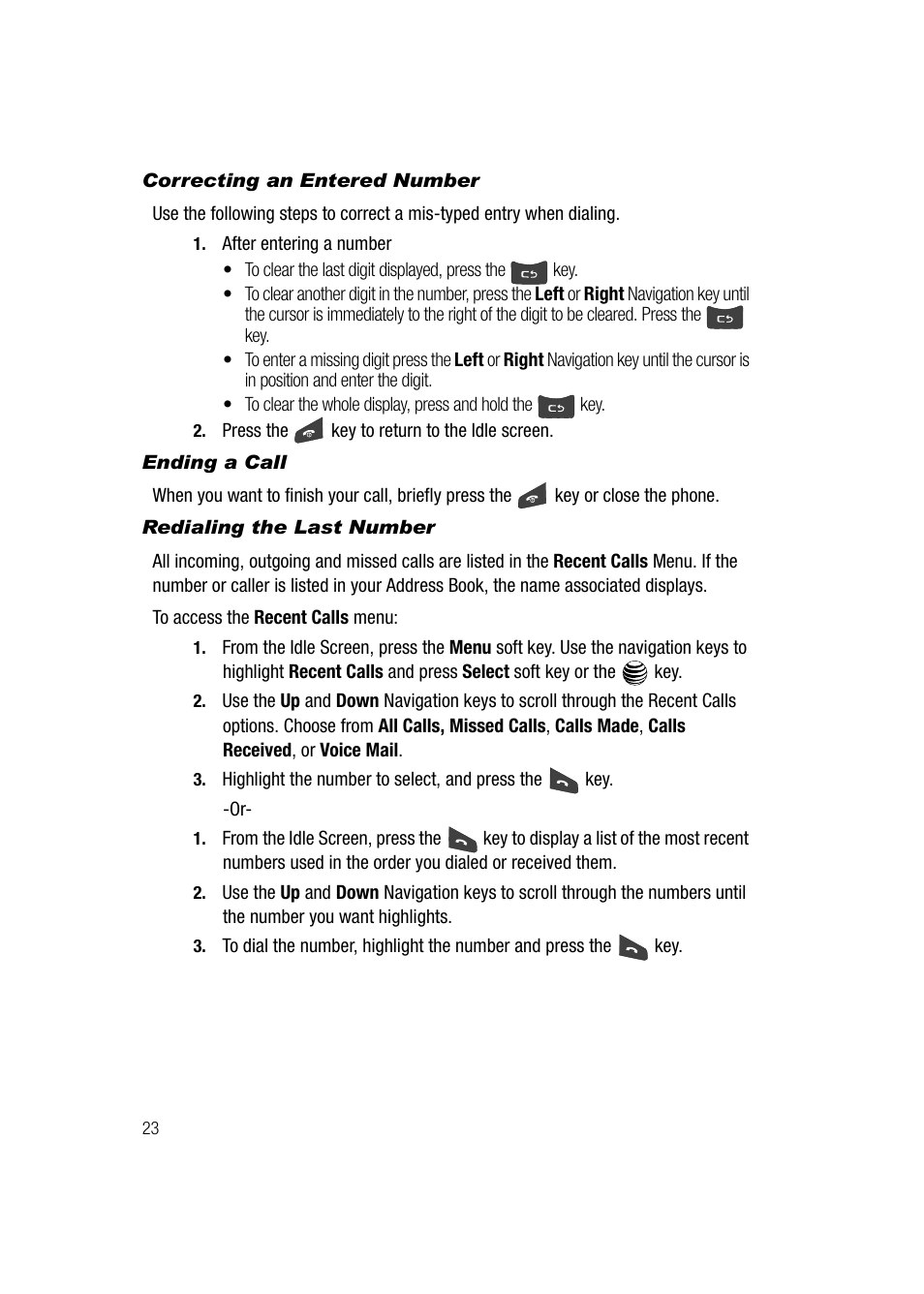 Correcting an entered number, Ending a call, Redialing the last number | Samsung SGH-A747BBAATT User Manual | Page 26 / 194