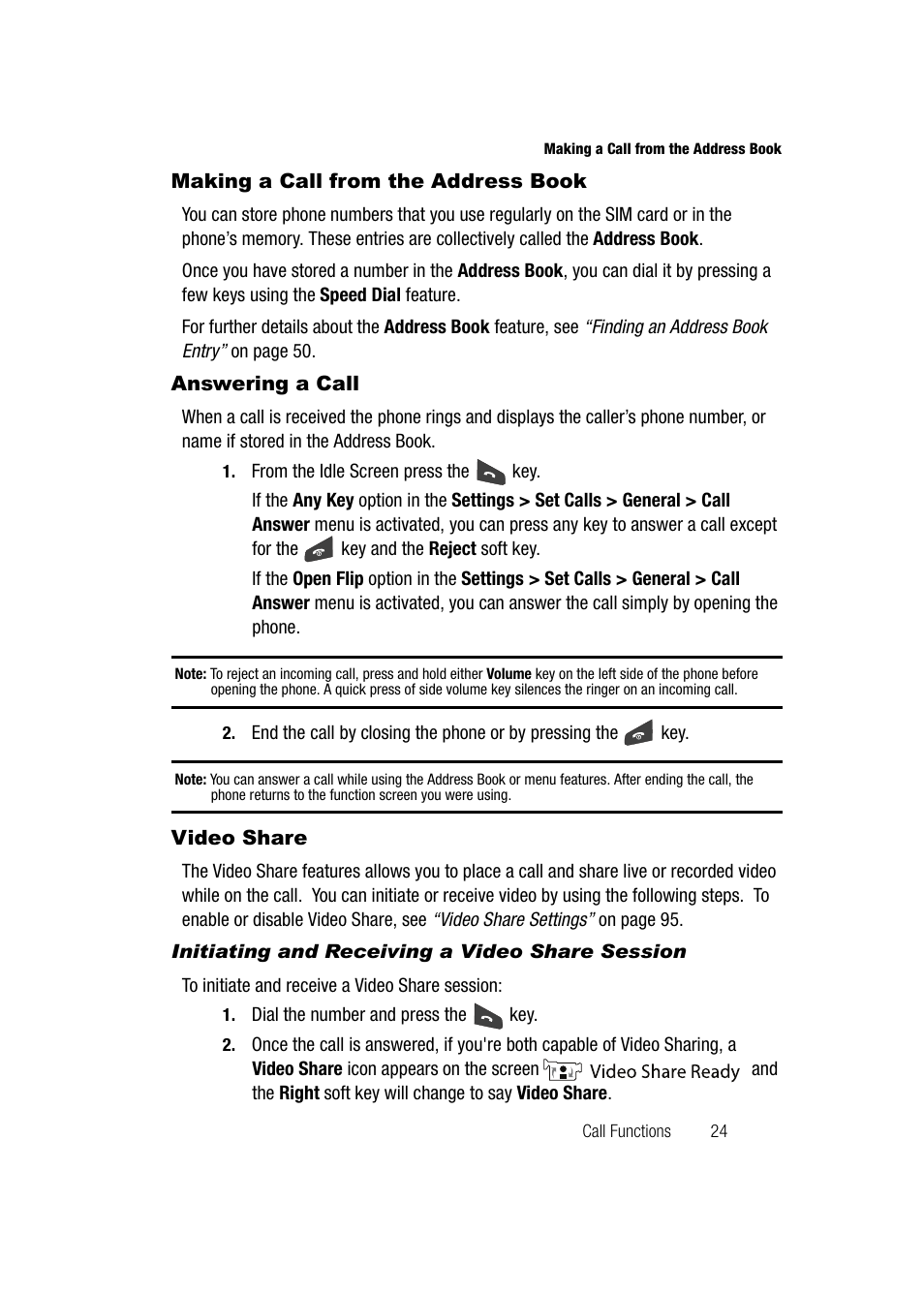 Making a call from the address book, Answering a call, Video share | Initiating and receiving a video share session | Samsung SGH-A747BBAATT User Manual | Page 27 / 194