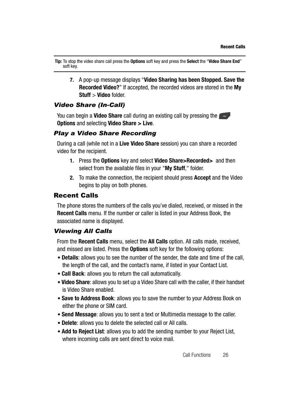 Video share (in-call), Play a video share recording, Recent calls | Viewing all calls | Samsung SGH-A747BBAATT User Manual | Page 29 / 194