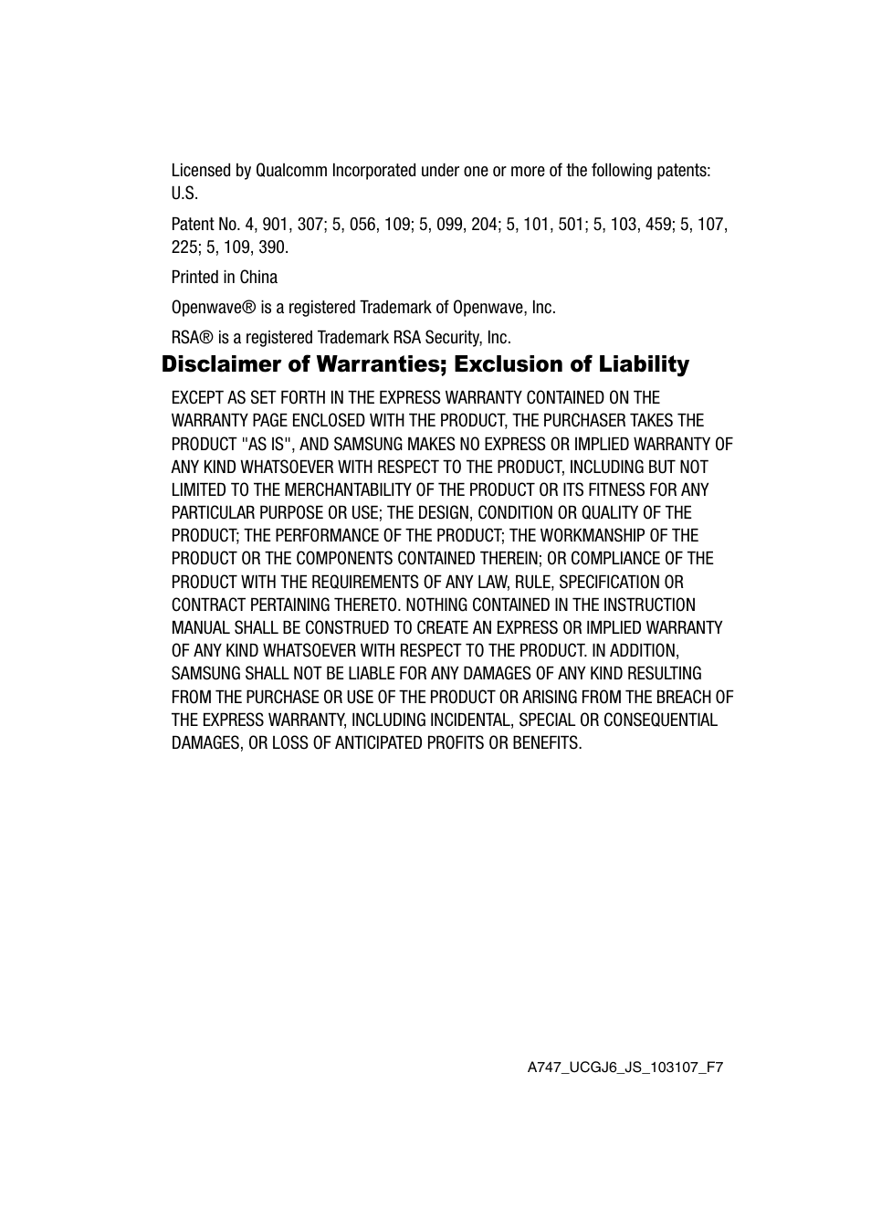 Disclaimer of warranties; exclusion of liability | Samsung SGH-A747BBAATT User Manual | Page 3 / 194