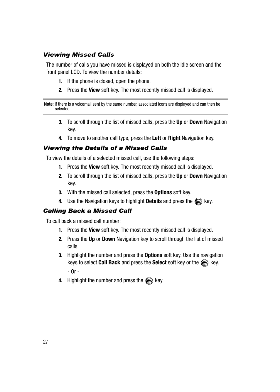 Viewing missed calls, Viewing the details of a missed calls, Calling back a missed call | Samsung SGH-A747BBAATT User Manual | Page 30 / 194