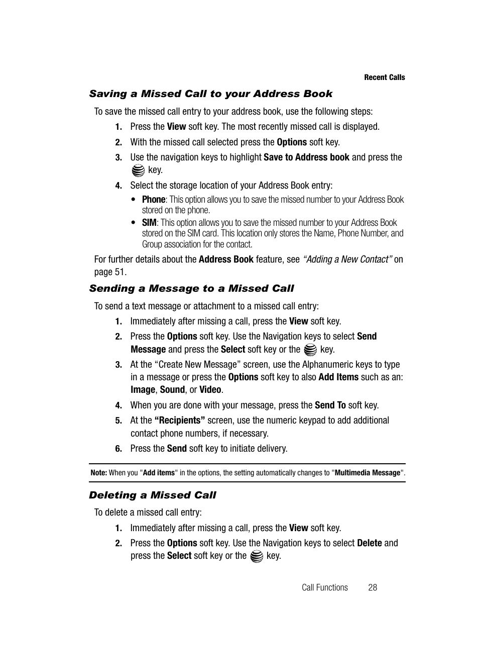 Saving a missed call to your address book, Sending a message to a missed call, Deleting a missed call | Samsung SGH-A747BBAATT User Manual | Page 31 / 194