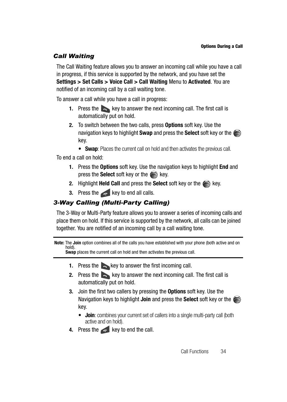 Call waiting, Way calling (multi-party calling) | Samsung SGH-A747BBAATT User Manual | Page 37 / 194