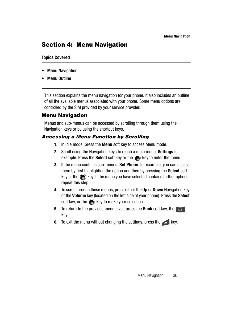 Section 4: menu navigation, Menu navigation, Accessing a menu function by scrolling | Samsung SGH-A747BBAATT User Manual | Page 39 / 194