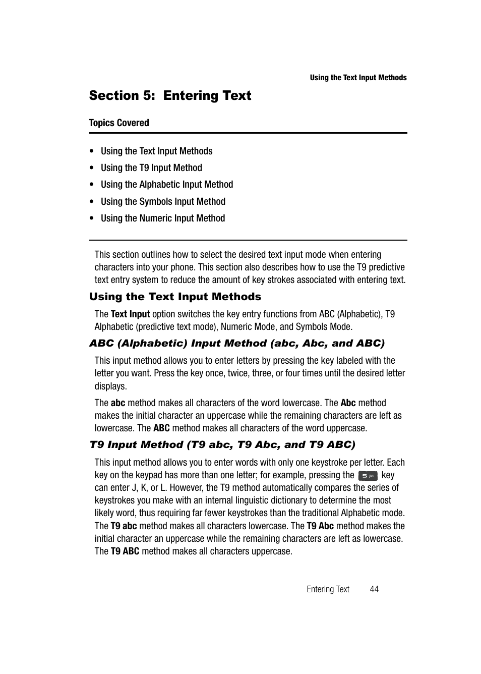 Section 5: entering text, Using the text input methods, Abc (alphabetic) input method (abc, abc, and abc) | T9 input method (t9 abc, t9 abc, and t9 abc) | Samsung SGH-A747BBAATT User Manual | Page 47 / 194