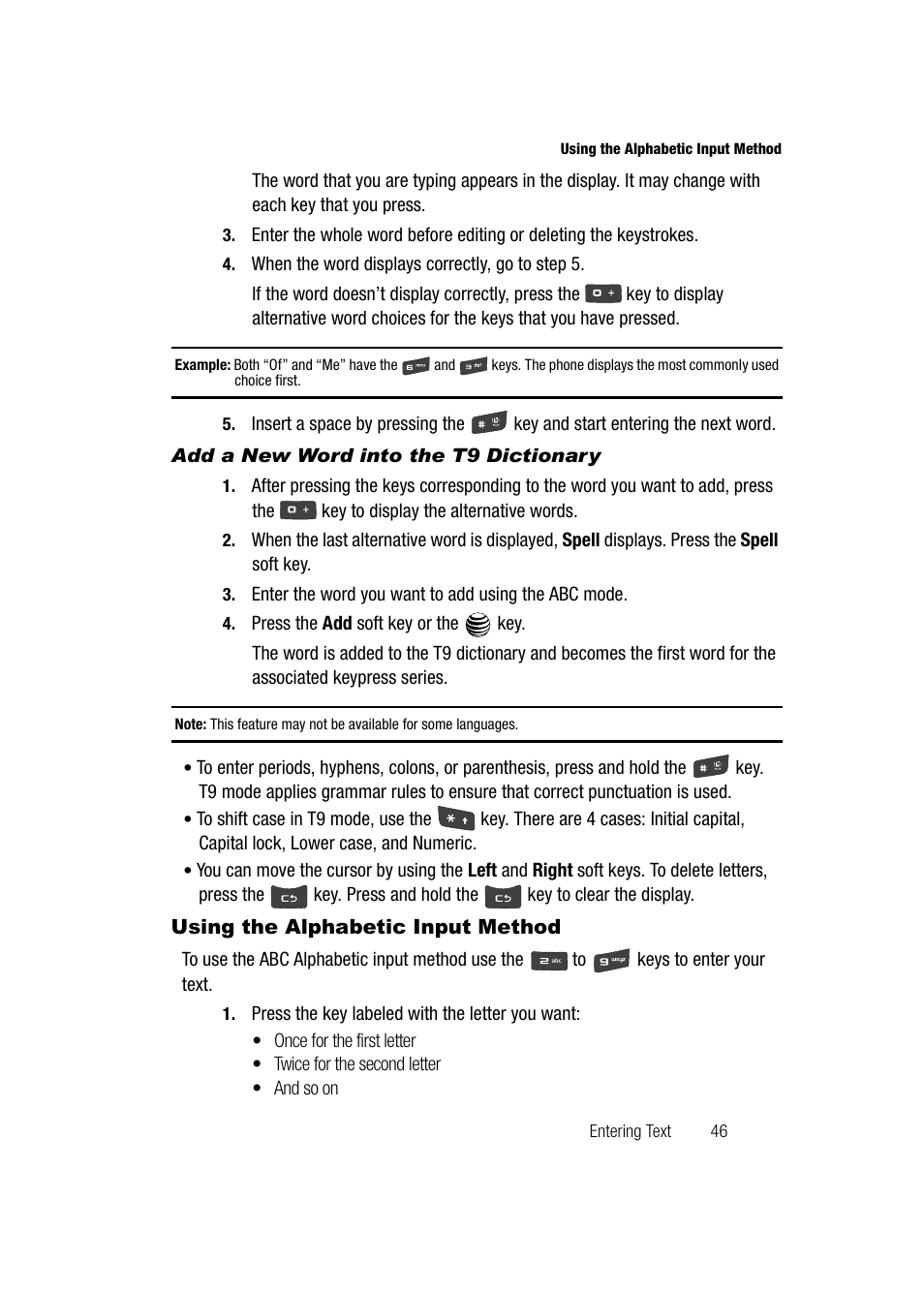 Add a new word into the t9 dictionary, Using the alphabetic input method | Samsung SGH-A747BBAATT User Manual | Page 49 / 194