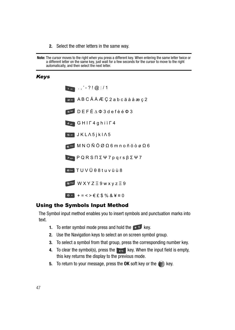 Keys, Using the symbols input method | Samsung SGH-A747BBAATT User Manual | Page 50 / 194