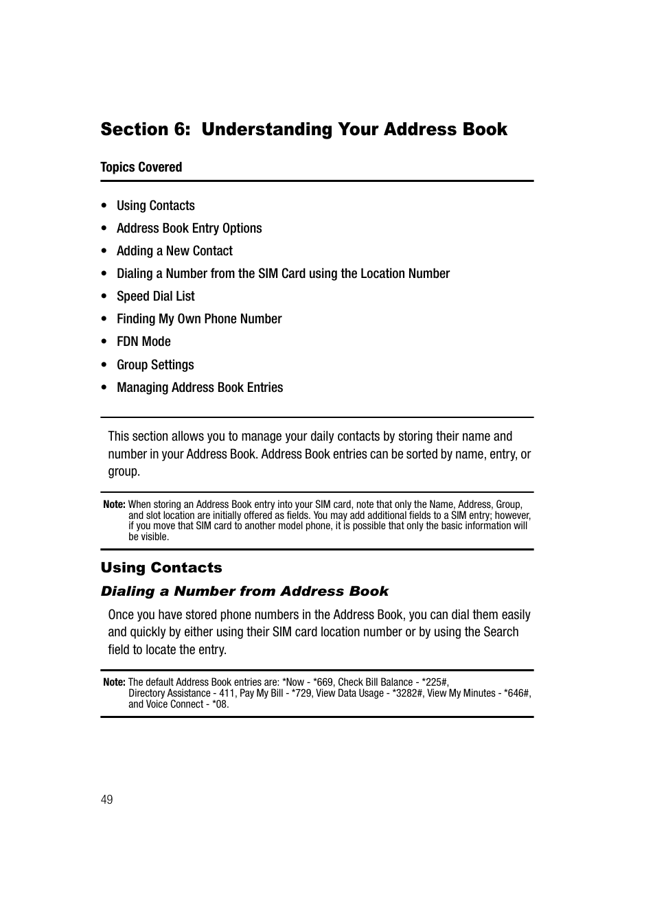 Section 6: understanding your address book, Using contacts, Dialing a number from address book | Samsung SGH-A747BBAATT User Manual | Page 52 / 194