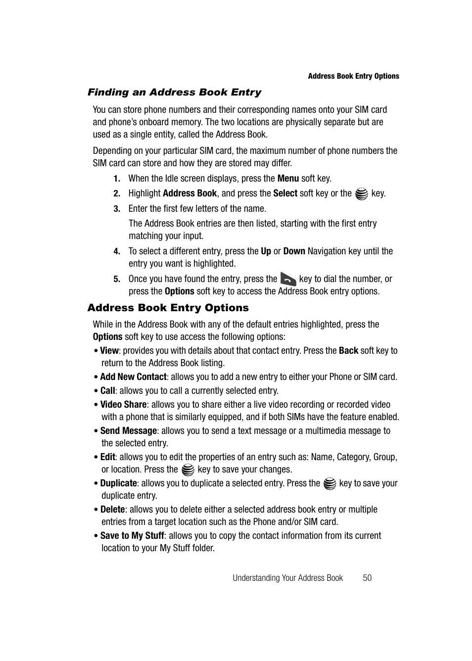 Finding an address book entry, Address book entry options | Samsung SGH-A747BBAATT User Manual | Page 53 / 194