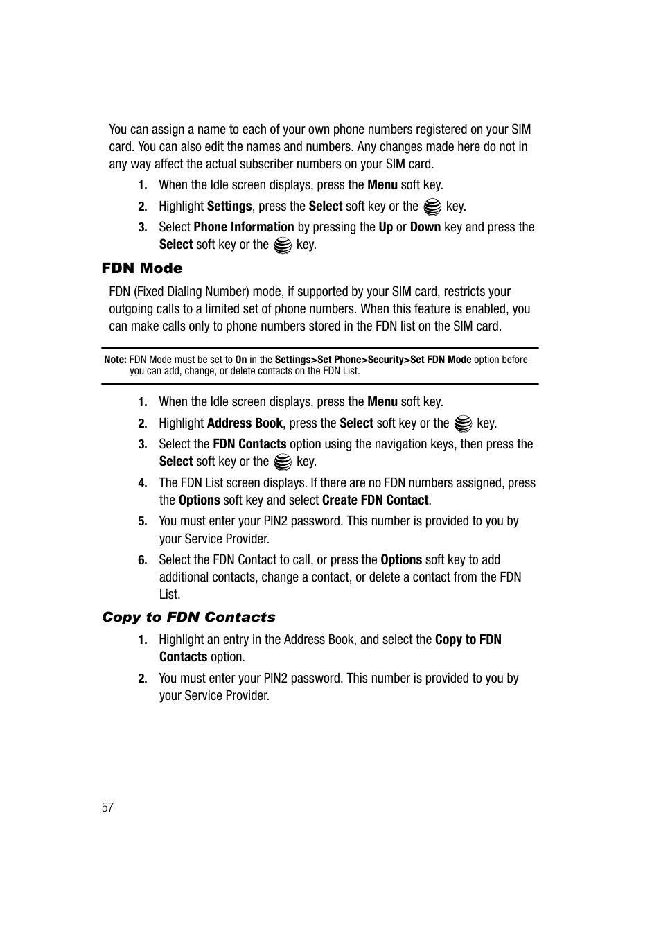 Fdn mode, Copy to fdn contacts | Samsung SGH-A747BBAATT User Manual | Page 60 / 194