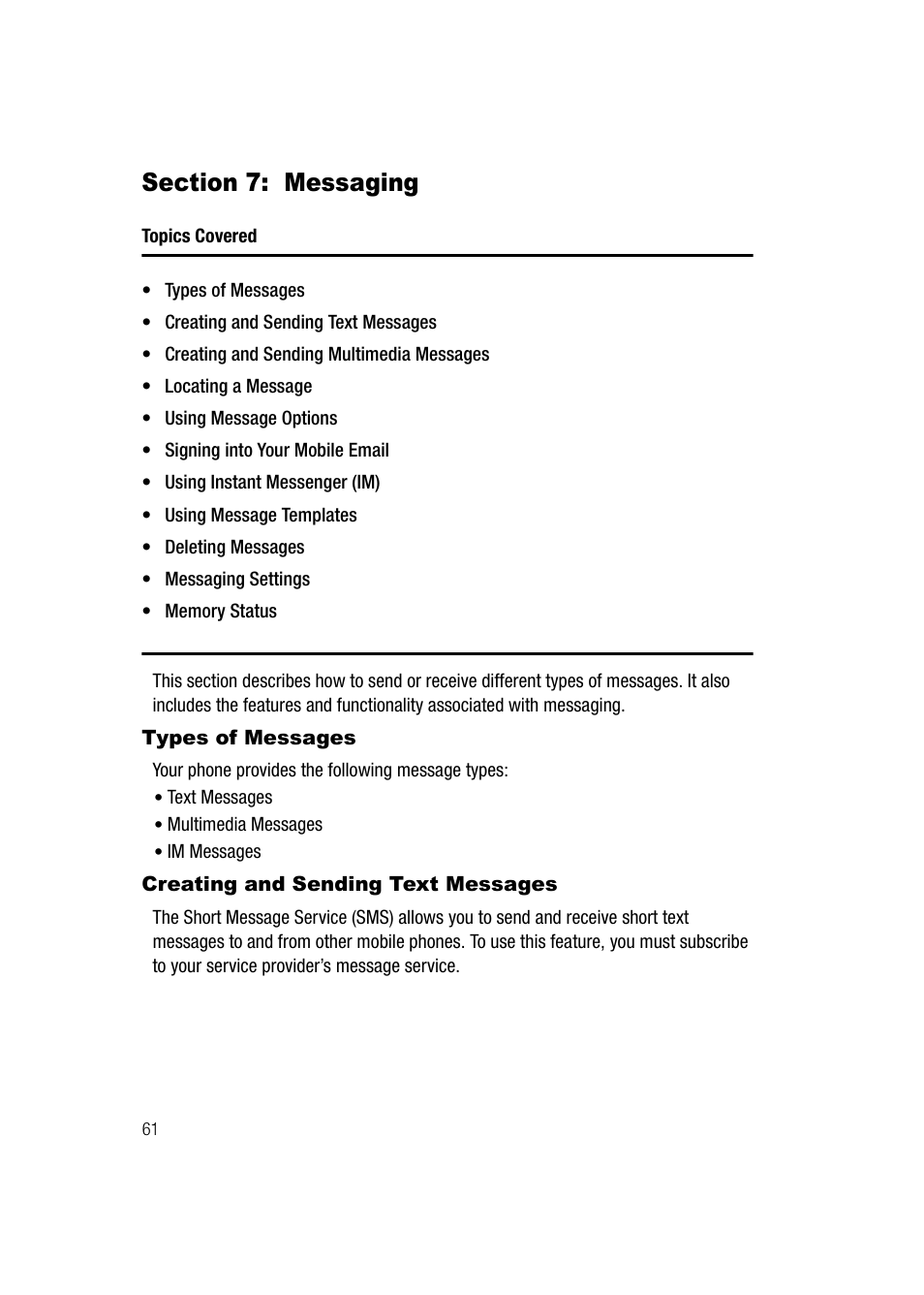 Section 7: messaging, Types of messages, Creating and sending text messages | Samsung SGH-A747BBAATT User Manual | Page 64 / 194