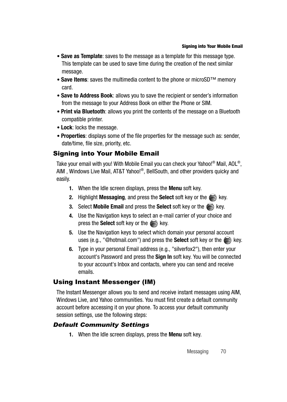 Signing into your mobile email, Using instant messenger (im), Default community settings | Samsung SGH-A747BBAATT User Manual | Page 73 / 194