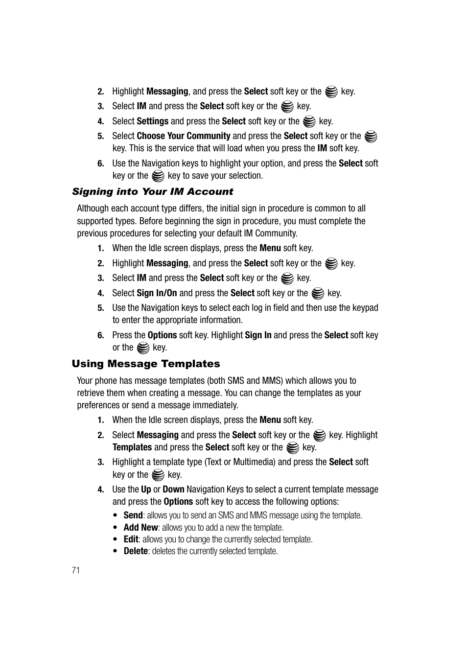 Signing into your im account, Using message templates | Samsung SGH-A747BBAATT User Manual | Page 74 / 194