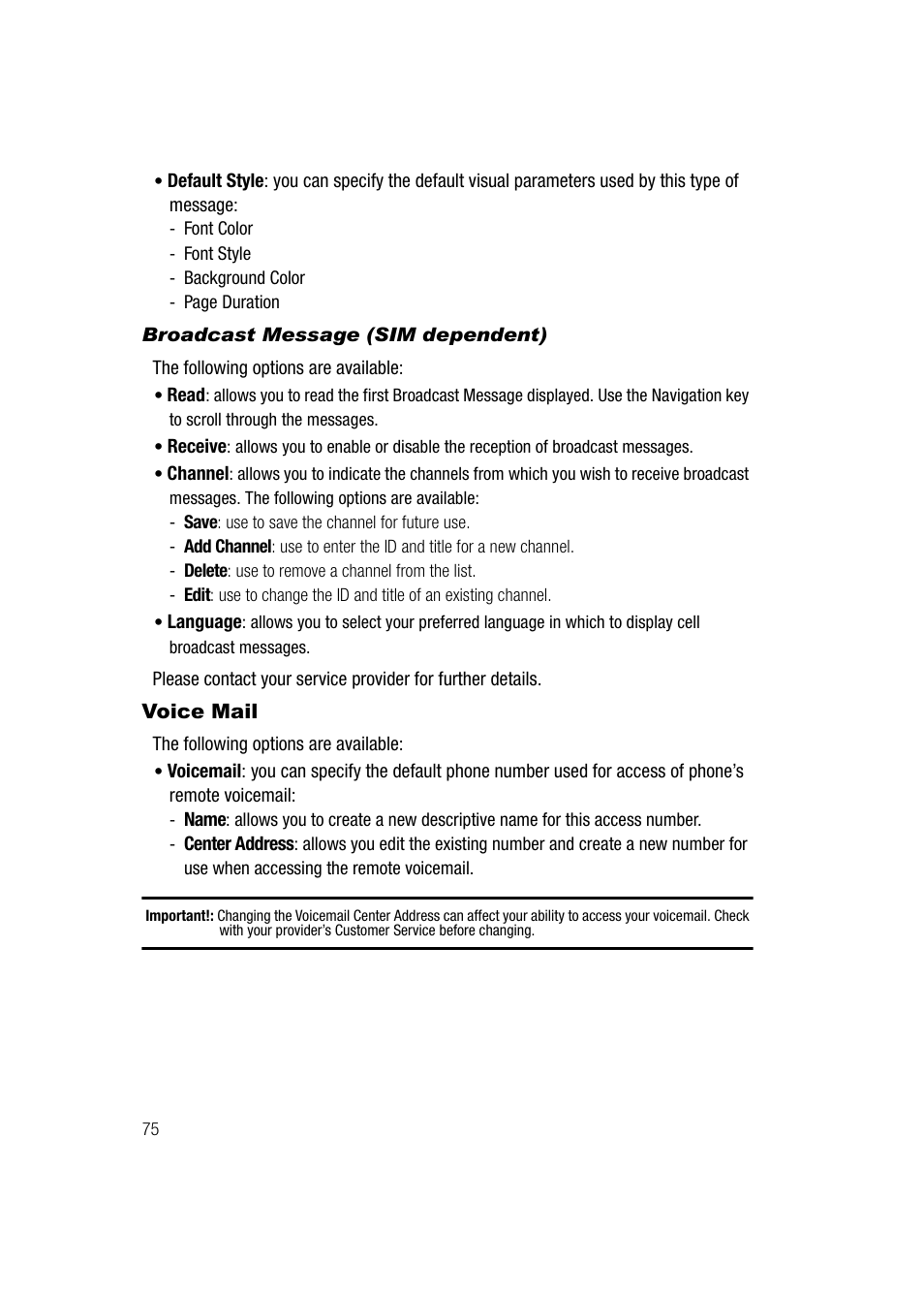 Broadcast message (sim dependent), Voice mail | Samsung SGH-A747BBAATT User Manual | Page 78 / 194