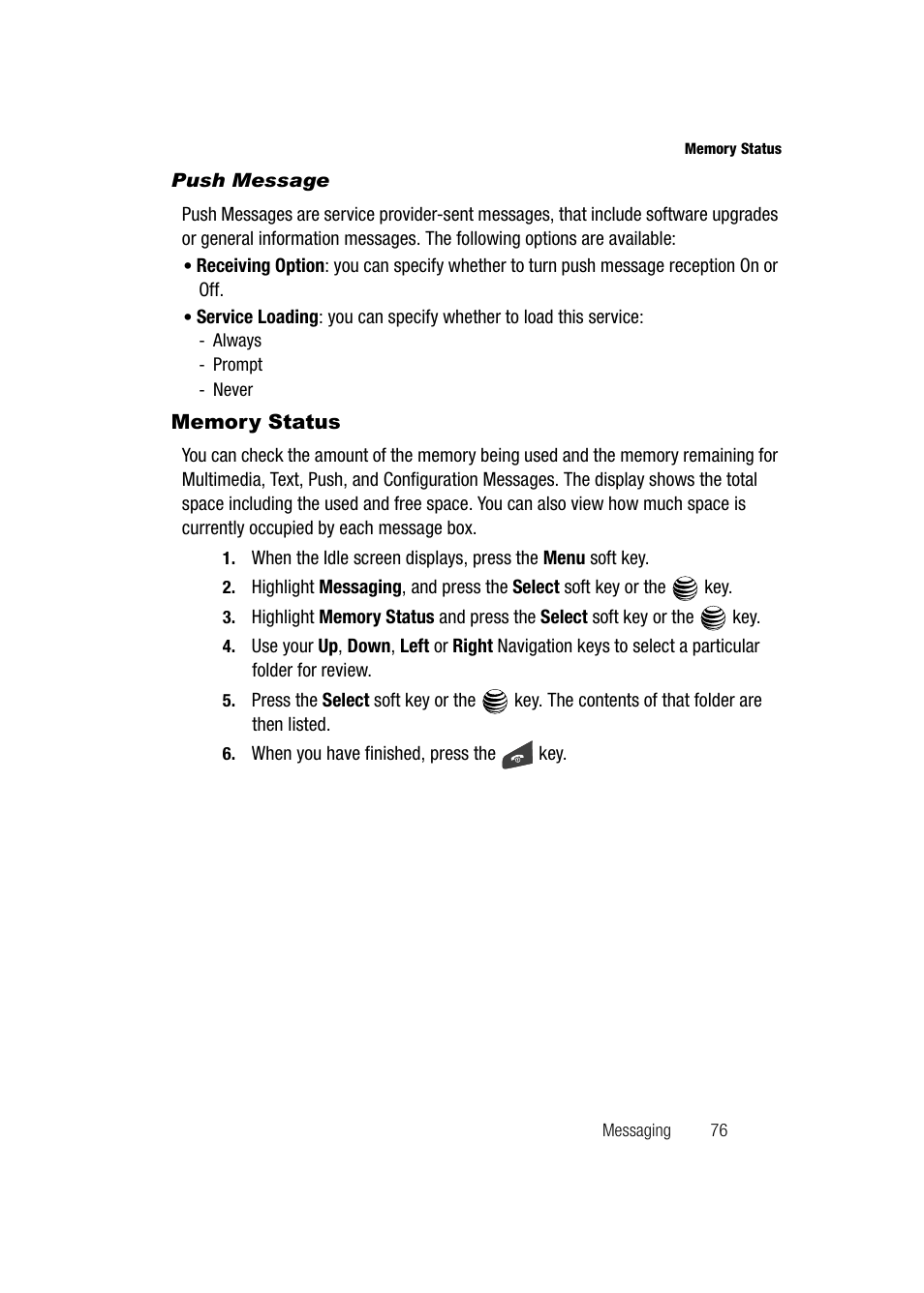 Push message, Memory status | Samsung SGH-A747BBAATT User Manual | Page 79 / 194