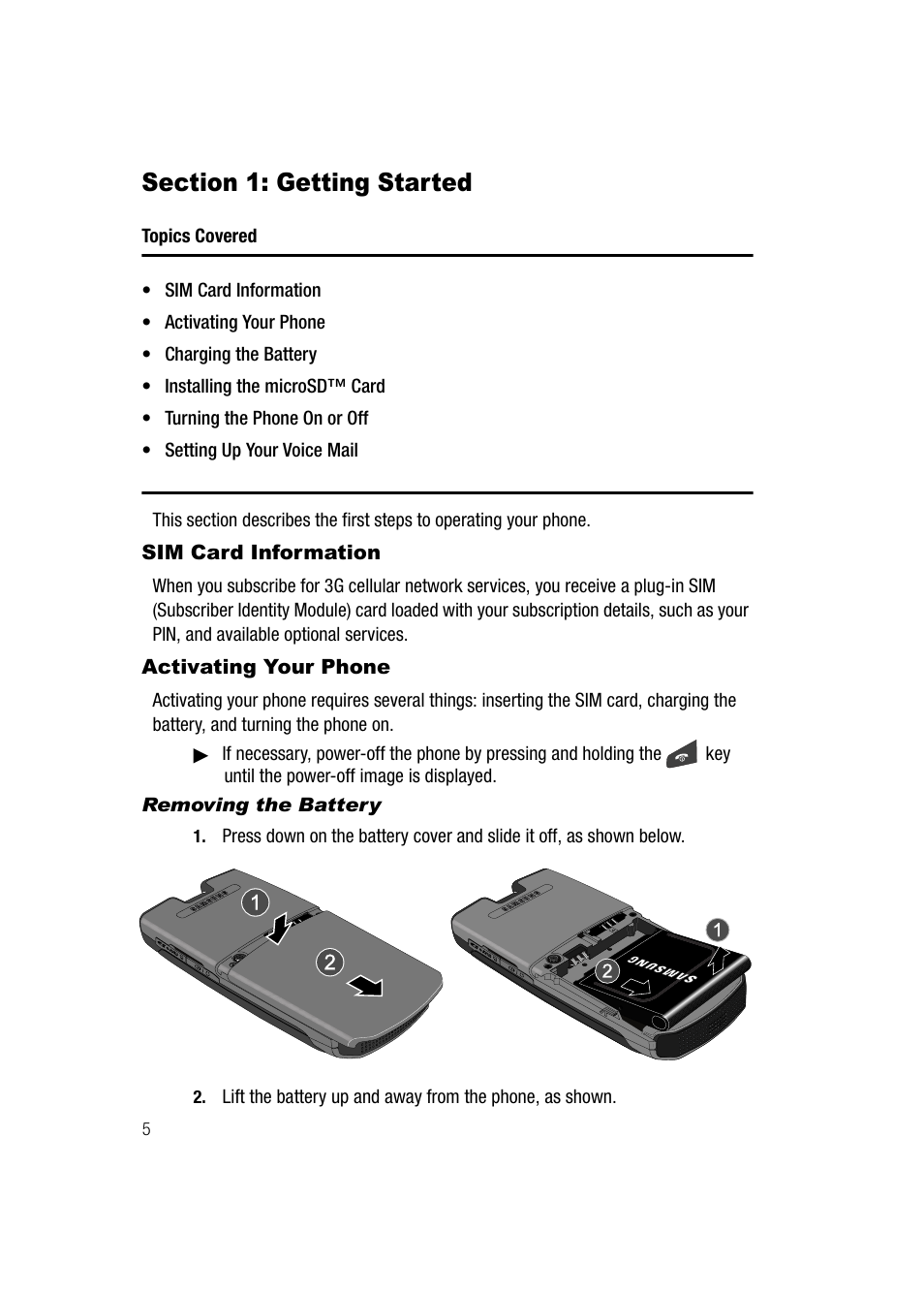 Section 1: getting started, Sim card information, Activating your phone | Removing the battery, Sim card information activating your phone | Samsung SGH-A747BBAATT User Manual | Page 8 / 194