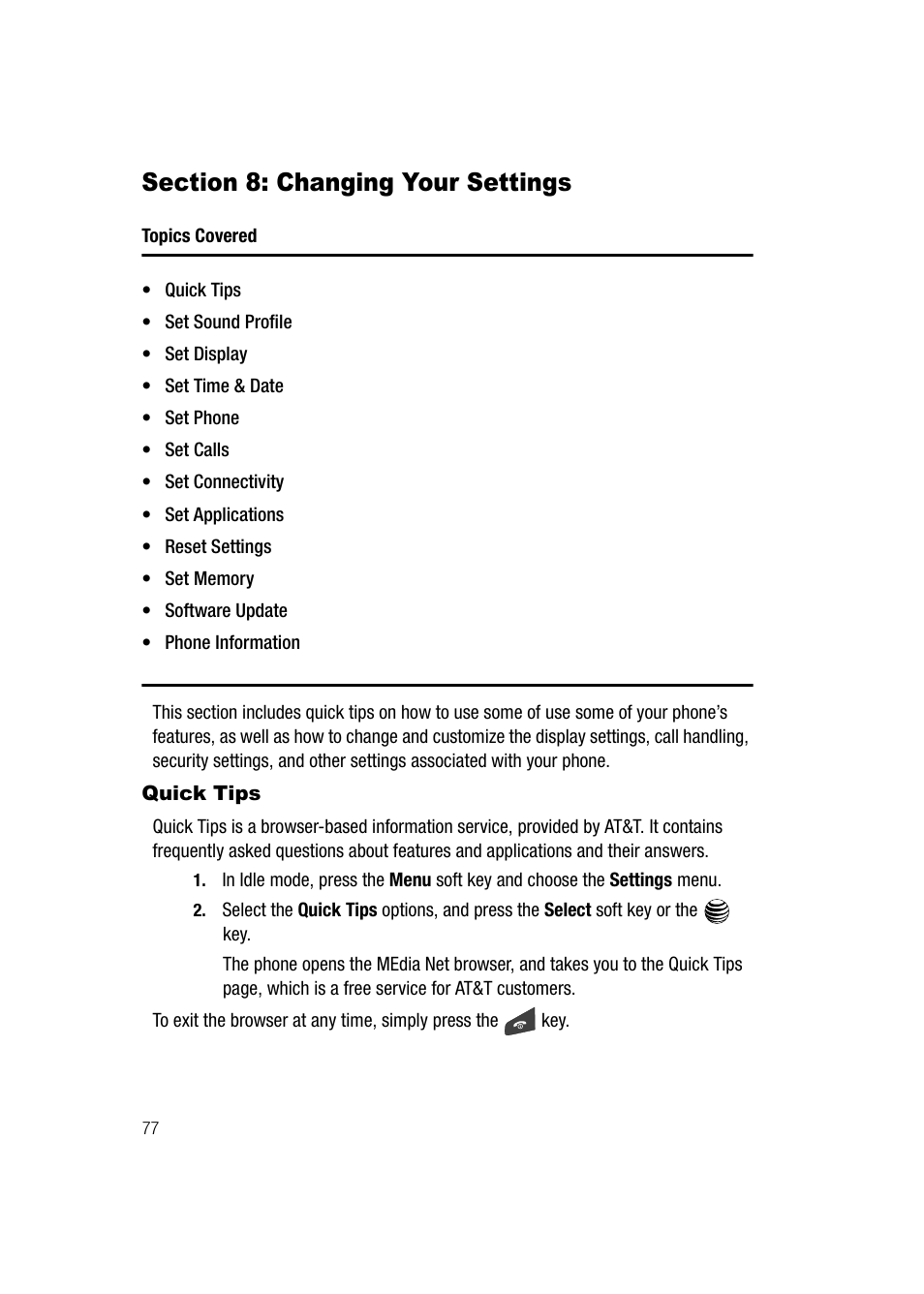 Section 8: changing your settings, Quick tips | Samsung SGH-A747BBAATT User Manual | Page 80 / 194