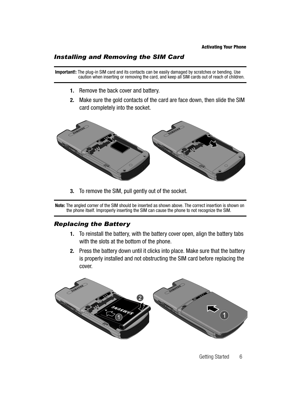 Installing and removing the sim card, Replacing the battery | Samsung SGH-A747BBAATT User Manual | Page 9 / 194