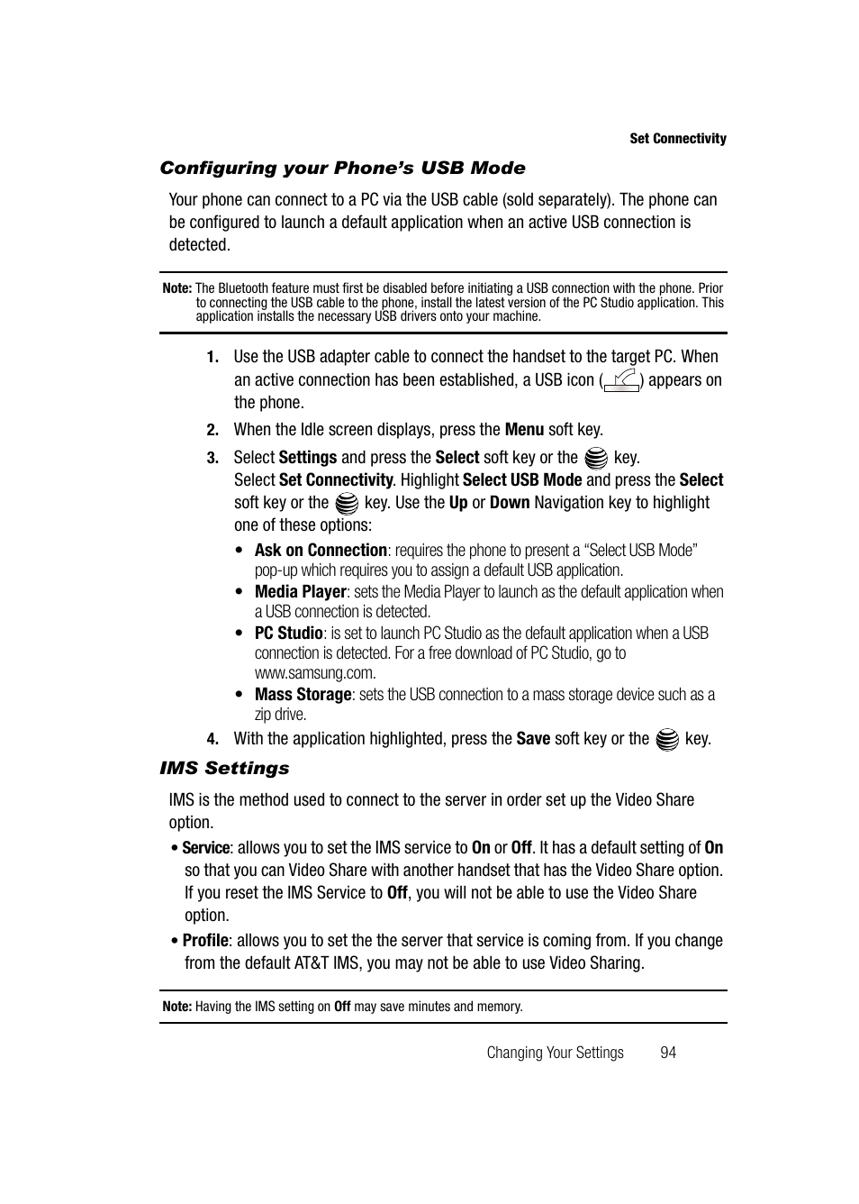 Configuring your phone’s usb mode, Ims settings | Samsung SGH-A747BBAATT User Manual | Page 97 / 194