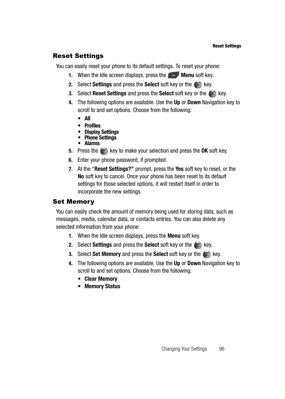 Reset settings, Set memory, Reset settings set memory | Samsung SGH-A747BBAATT User Manual | Page 99 / 194