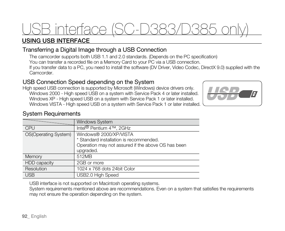 Usb interface (sc-d383/d385 only), Using usb interface | Samsung SC-D382-XAA User Manual | Page 100 / 115