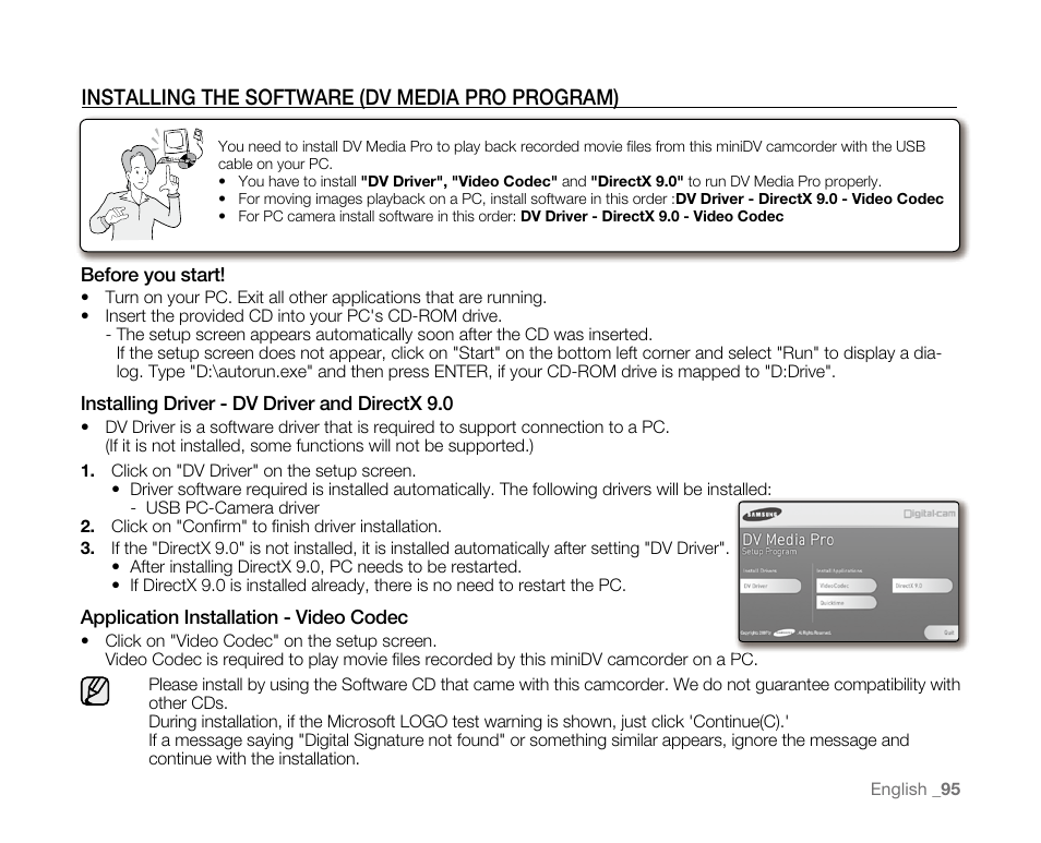 Installing the software (dv media pro program) | Samsung SC-D382-XAA User Manual | Page 103 / 115