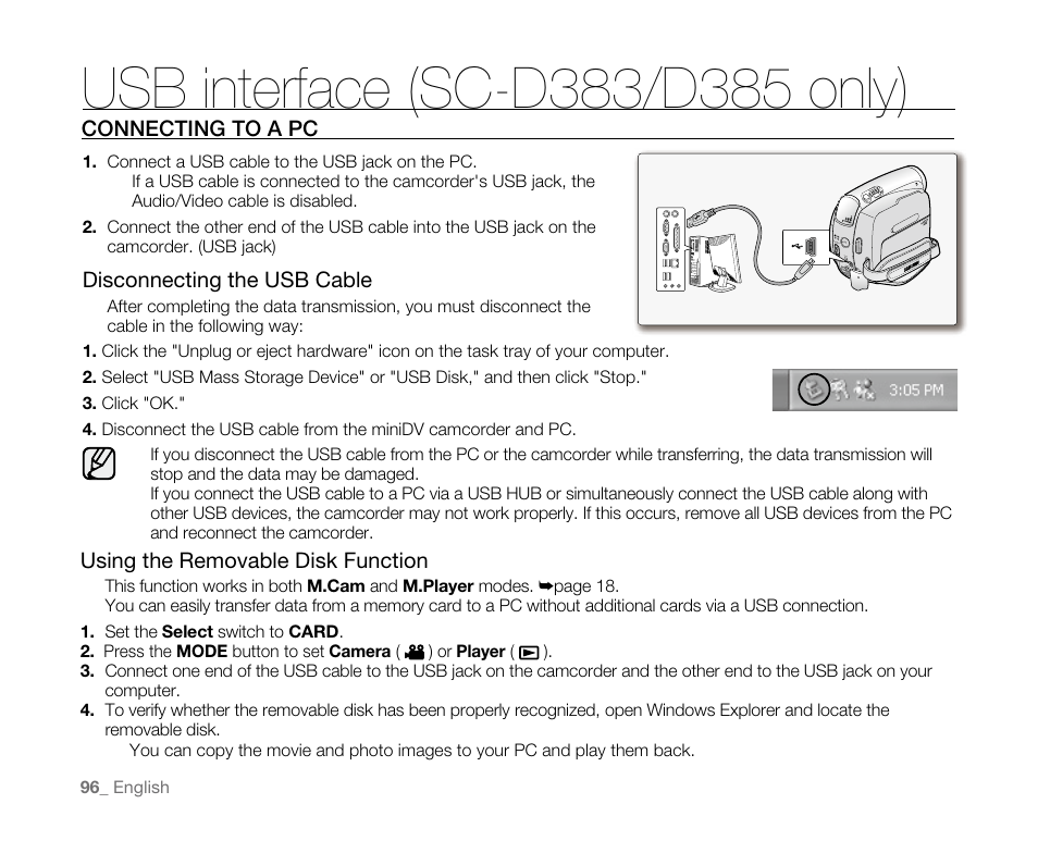 Connecting to a pc, Disconnecting the usb cable, Using the removable disk function | Samsung SC-D382-XAA User Manual | Page 104 / 115