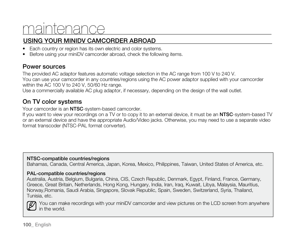 Using your minidv camcorder abroad, Maintenance | Samsung SC-D382-XAA User Manual | Page 108 / 115