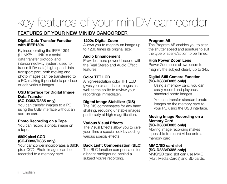 Key features of your minidv camcorder, Features of your new minidv camcorder | Samsung SC-D382-XAA User Manual | Page 2 / 115