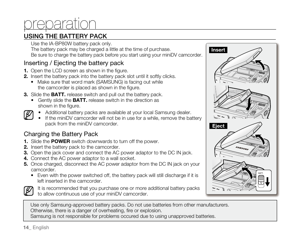 Preparation, Inserting / ejectingthe battery pack, Charging the battery pack | Usingthebatterypack | Samsung SC-D382-XAA User Manual | Page 22 / 115