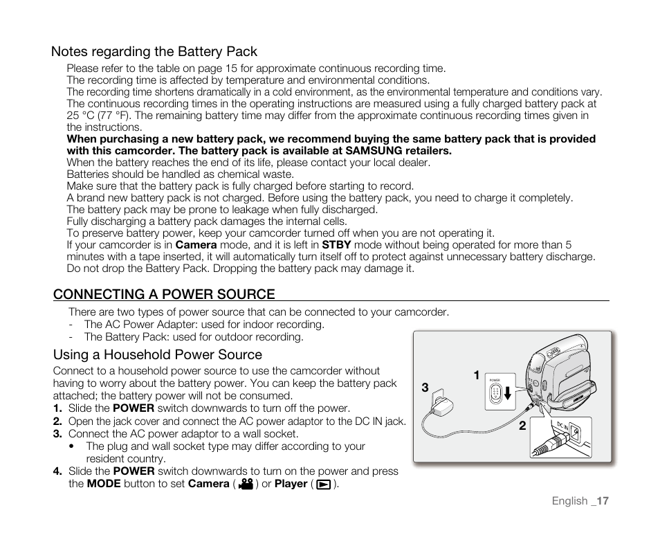 Connectingapowersource, Using a household power source | Samsung SC-D382-XAA User Manual | Page 25 / 115