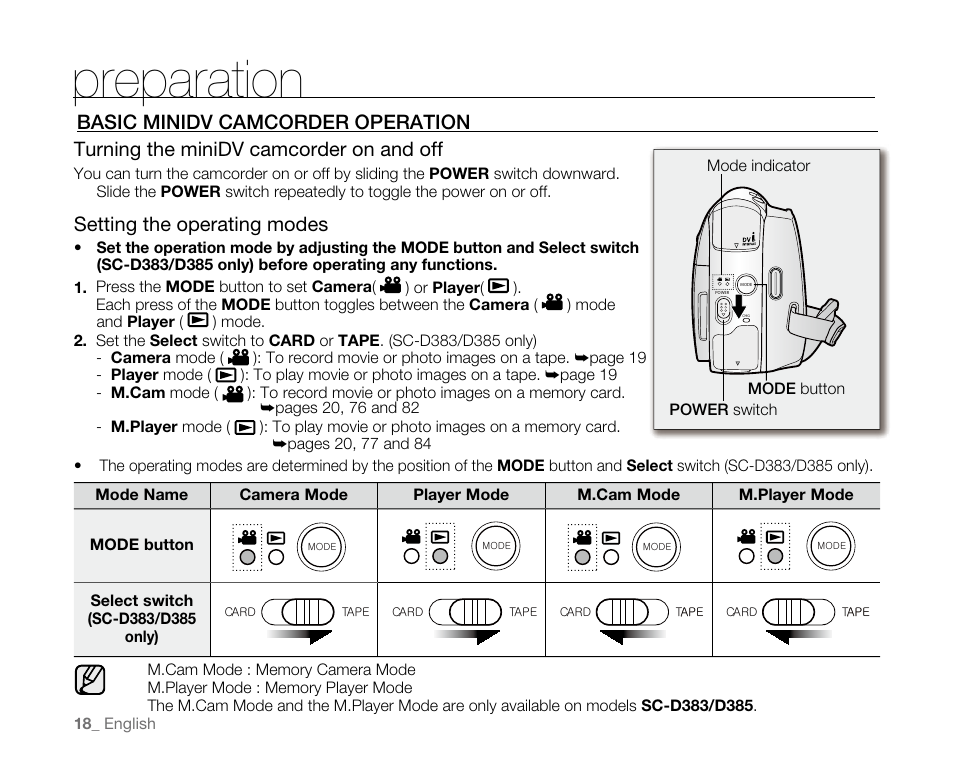 Preparation, Setting the operating modes | Samsung SC-D382-XAA User Manual | Page 26 / 115