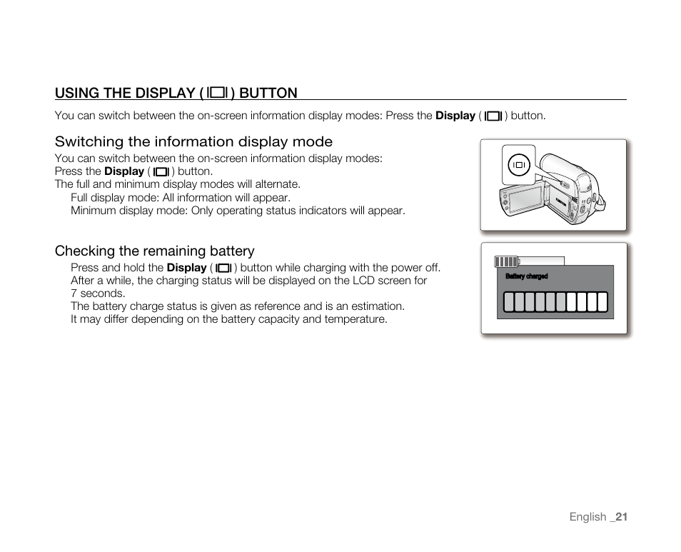 Usingthedisplay( )button, Switching the information display mode, Checking the remaining battery | Samsung SC-D382-XAA User Manual | Page 29 / 115