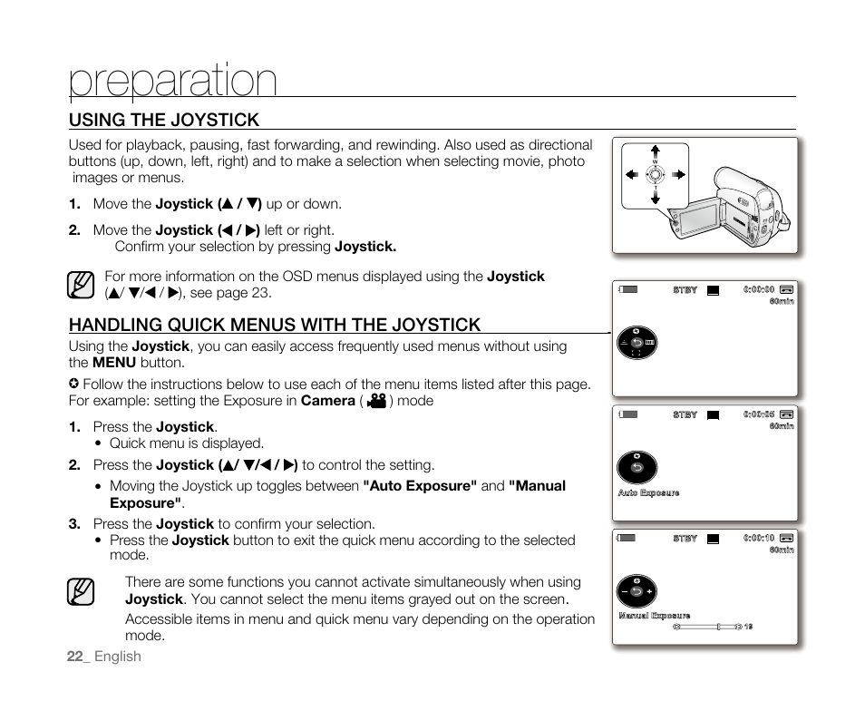 Preparation, Usingthejoystick, Handlingquickmenuswiththejoystick | Samsung SC-D382-XAA User Manual | Page 30 / 115