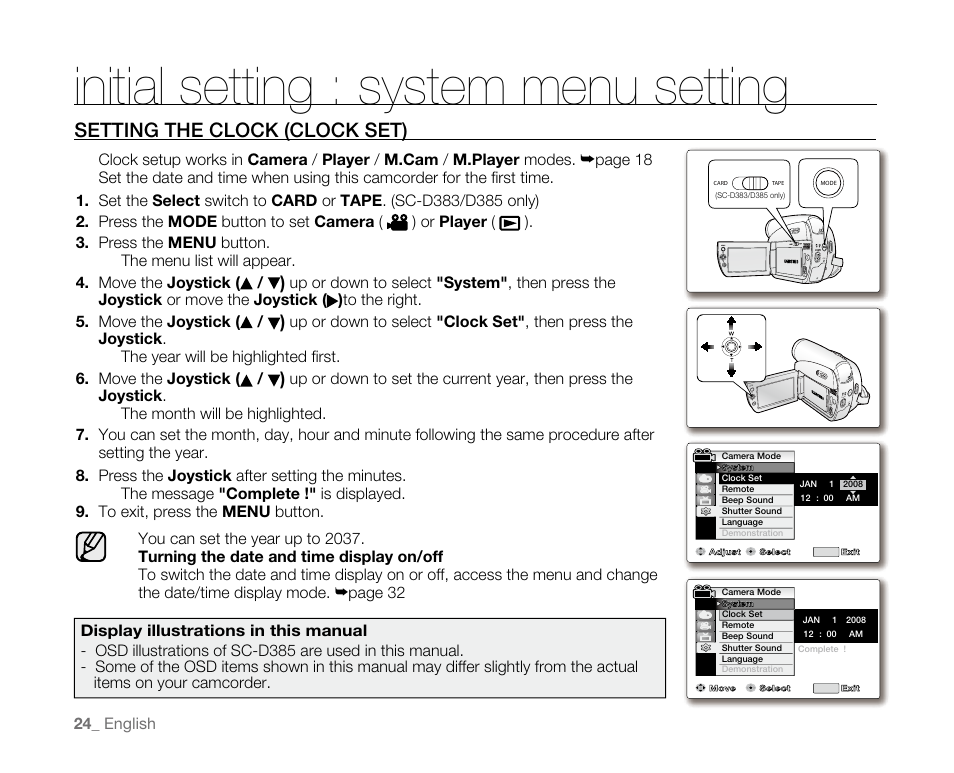 Initial setting : system menu setting, Settingtheclock(clockset) | Samsung SC-D382-XAA User Manual | Page 32 / 115