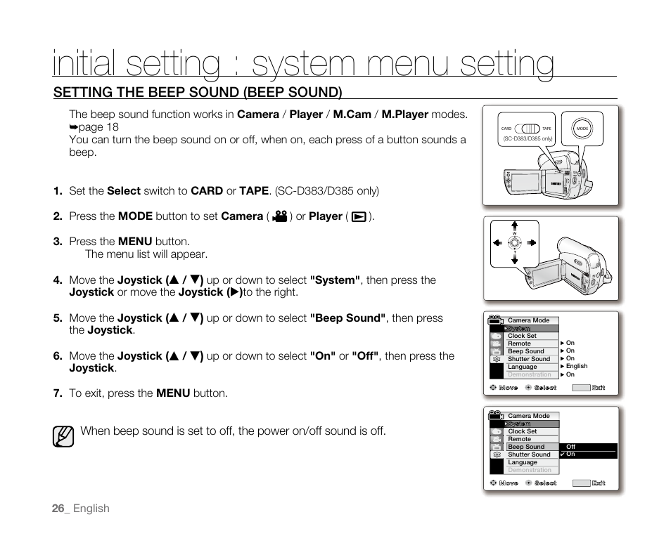 Initial setting : system menu setting, Settingthebeepsound(beepsound) | Samsung SC-D382-XAA User Manual | Page 34 / 115