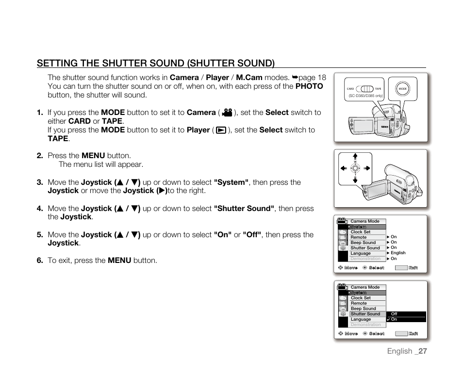 Settingtheshuttersound(shuttersound) | Samsung SC-D382-XAA User Manual | Page 35 / 115