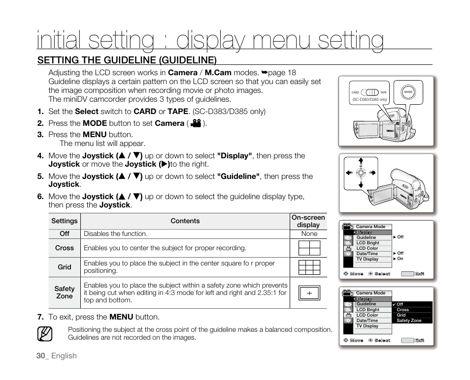 Initial setting : display menu setting, Settingtheguideline(guideline) | Samsung SC-D382-XAA User Manual | Page 38 / 115