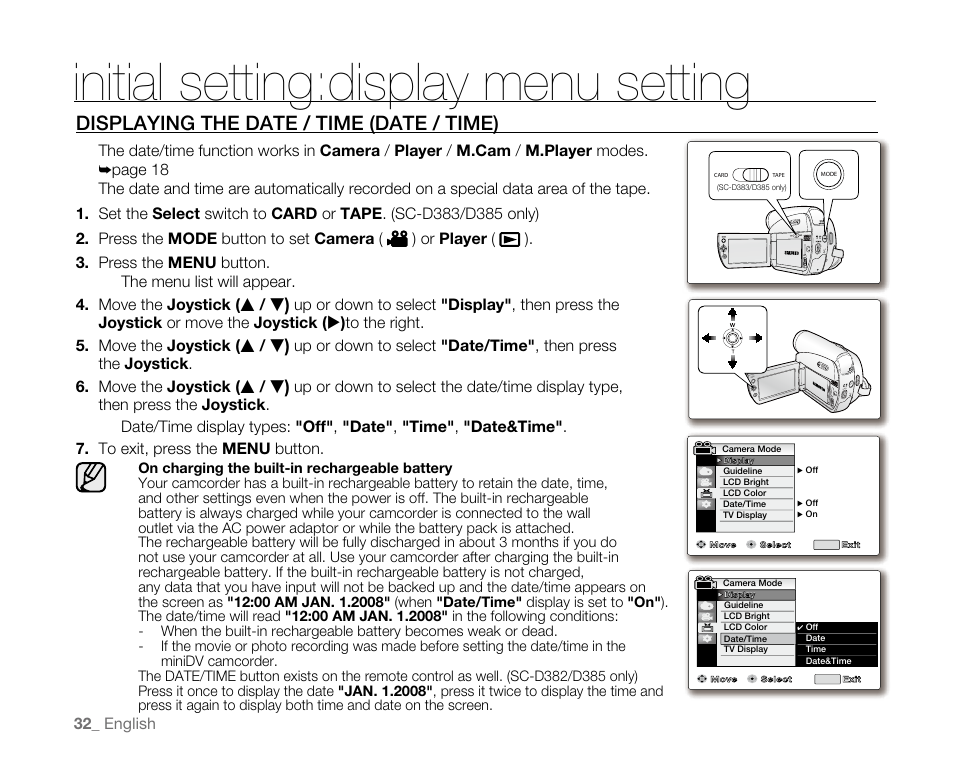 Initial setting:display menu setting, Displayingthedate/time(date/time) | Samsung SC-D382-XAA User Manual | Page 40 / 115