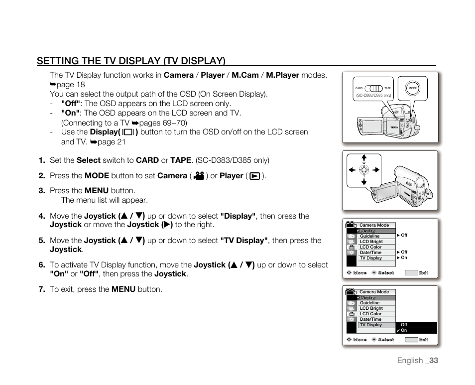 Settingthetvdisplay(tvdisplay) | Samsung SC-D382-XAA User Manual | Page 41 / 115
