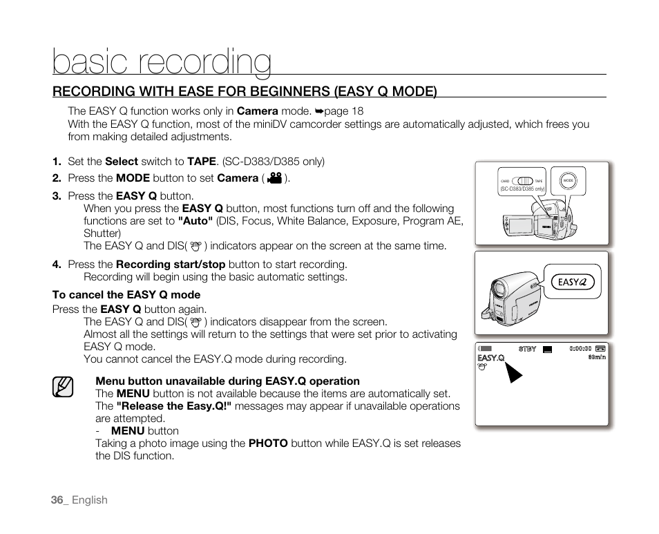 Basic recording, Recordingwitheaseforbeginners(easyqmode) | Samsung SC-D382-XAA User Manual | Page 44 / 115