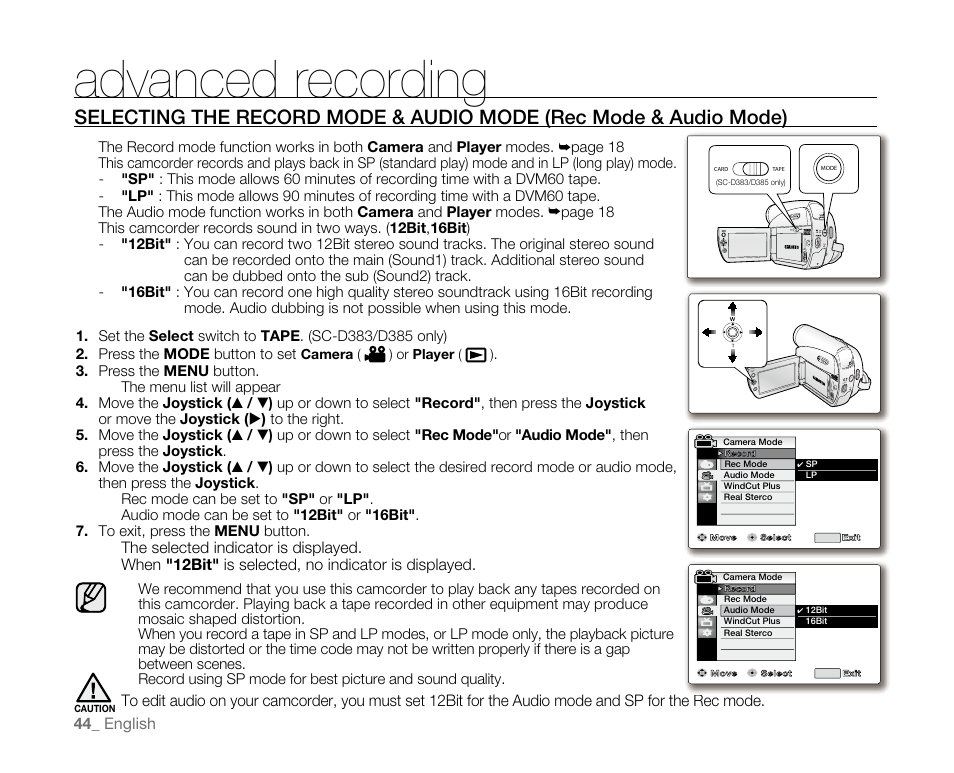Advanced recording | Samsung SC-D382-XAA User Manual | Page 52 / 115