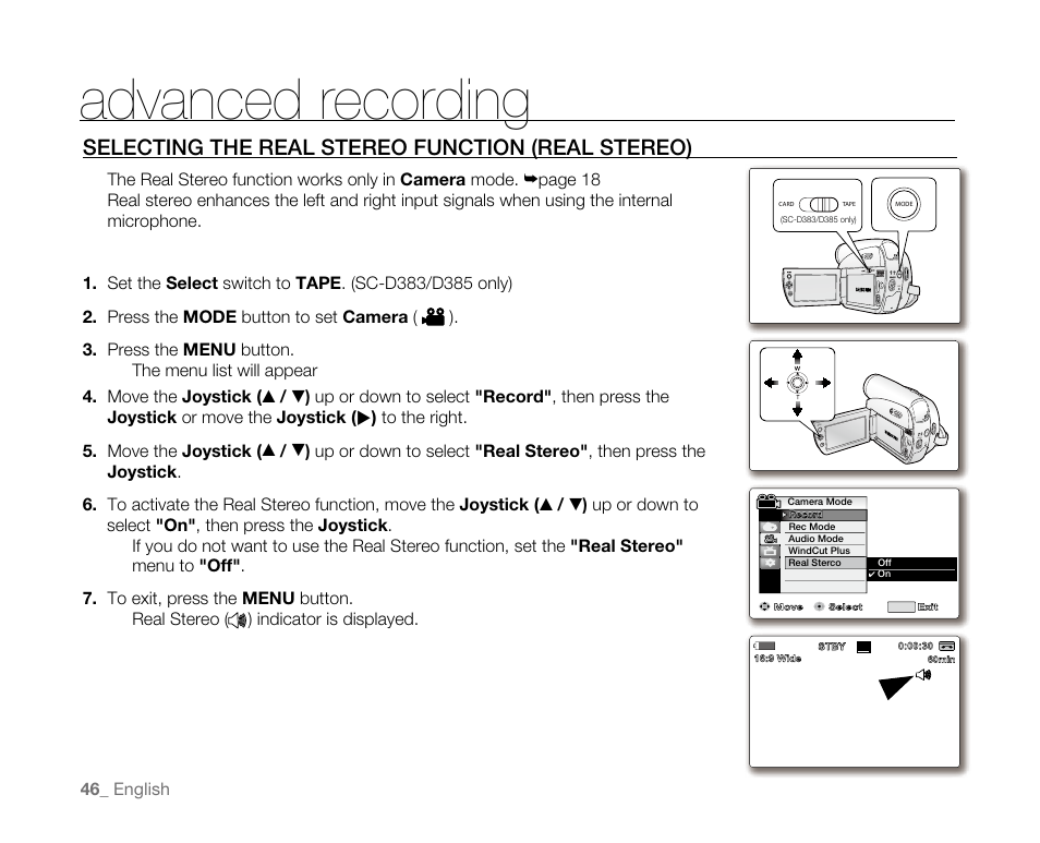 Advanced recording, Selectingtherealstereofunction(realstereo) | Samsung SC-D382-XAA User Manual | Page 54 / 115